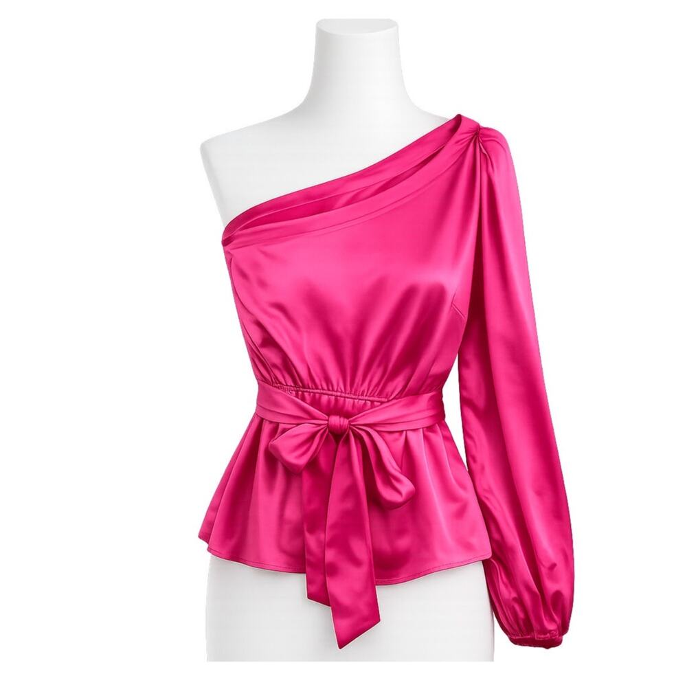 Gibsonlook One Shoulder Satin Tie Waist Blouse Pink Statement Top - Size XXL